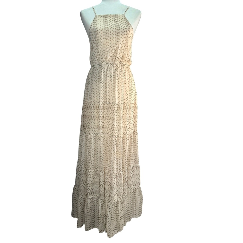 Forever 21 Floor Length Maxi Lined Dress Women M Cream Floral Boho Tiered Halter